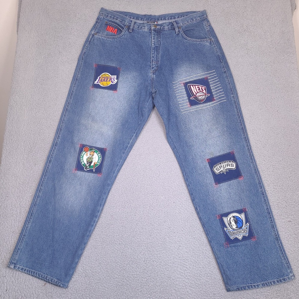 Vtg NBA UNK Men's Jeans 38x33 NBA Team Logo‎ Suede Patches Y2K Basketball